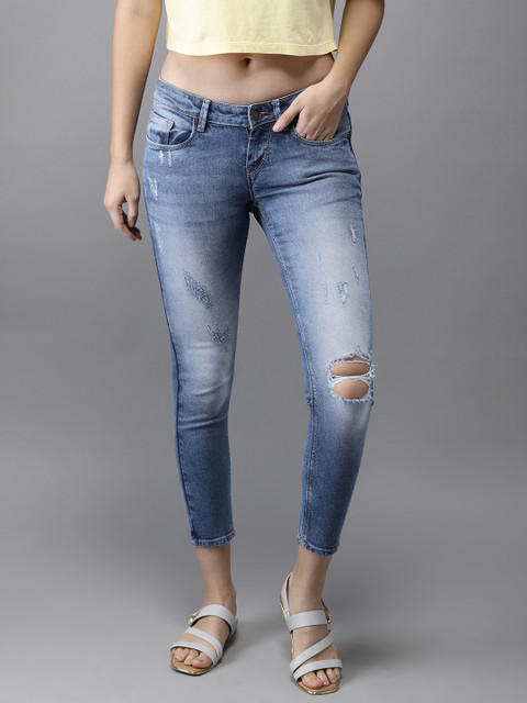 

HERE&NOW Women Blue Super Skinny Fit Mid-Rise Low Distress Stretchable Jeans