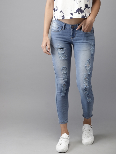 

HERE&NOW Women Blue Super Skinny Fit Mid-Rise Highly Distressed Stretchable Cropped Jeans