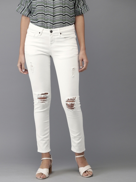 

HERE&NOW Women White Skinny Fit Mid-Rise Mildly Distressed Stretchable Jeans