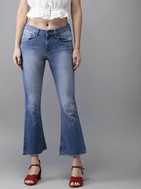 

HERE&NOW Women Blue Ankle Flare Bootcut Mid-Rise Clean Look Stretchable cropped Jeans