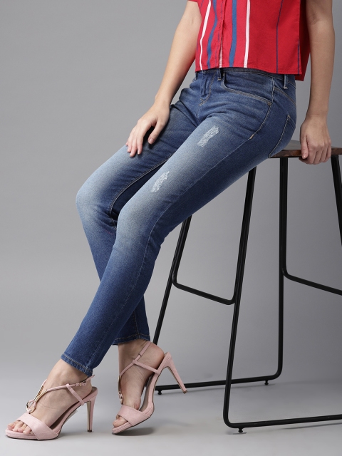 

HERE&NOW Women Navy Blue Skinny Fit Mid-Rise Mildly Distressed Stretchable Jeans