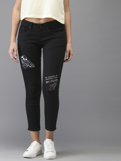 

HERE&NOW Women Black Super Skinny Fit Mid-Rise Clean Look Stretchable Printed Jeans