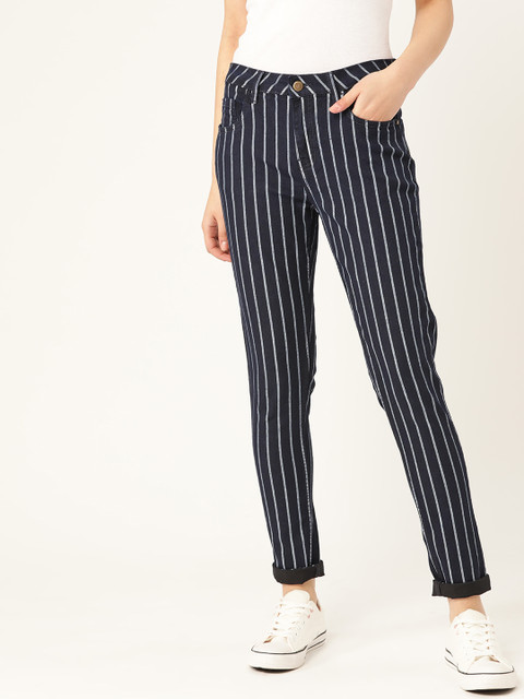 

DressBerry Women Navy Blue & Off-White Striped Skinny Fit Mid-Rise Clean Look Jeans