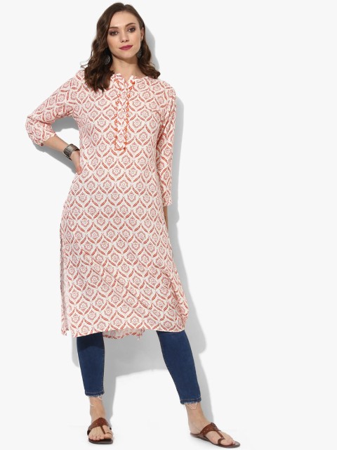 

Sangria Women White & Orange Printed Straight Kurta