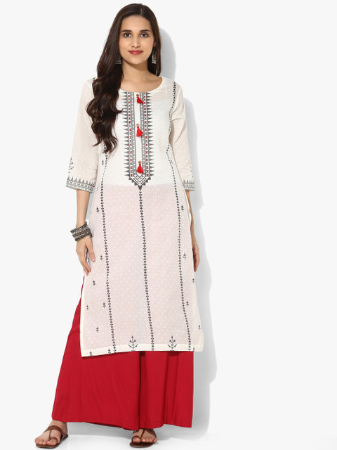 

Sangria Women Off-White & Grey Self Design Straight Kurta