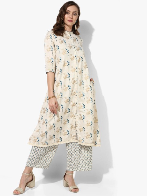 

Sangria Women Beige & Teal Blue Printed Kurta with Palazzos