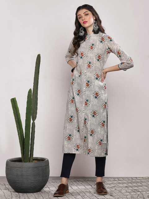 

Sangria Women Grey & Orange Printed Straight Kurta