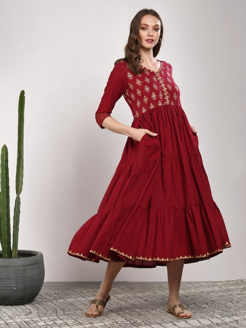 

Sangria Women Maroon & Golden Printed Detail Fit and Flare Dress