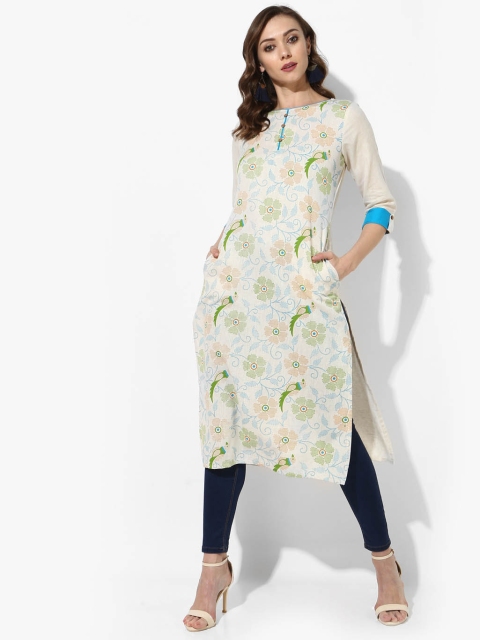 

Sangria Women Off-White & Green Printed Straight Kurta