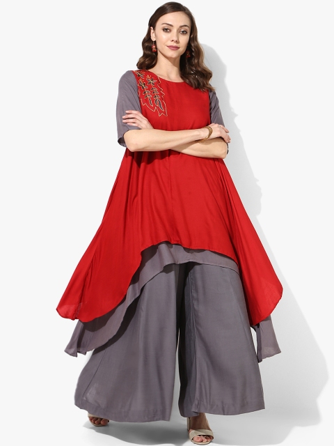 

Sangria Red & Grey Solid Kurta with Palazzos