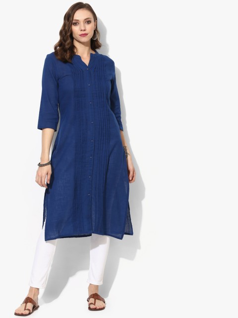 

Sangria Straight Fit Kurta With Pintuck Detail Full Button Placket, Navy blue