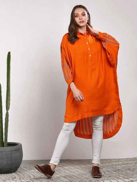 

Sangria Red Shirt Collar Three Fourth Sleeves Striped Tunic