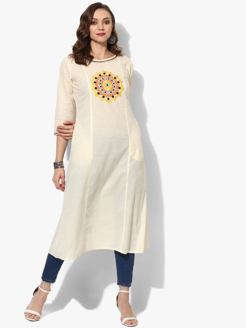 

Sangria Off-White Round Neck 3/4th Sleeves A Line Kurta With Embroidered Front