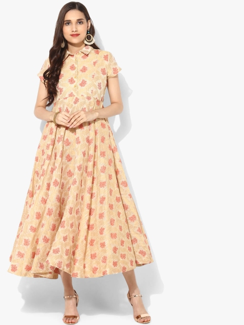 

Sangria Beige & Pink Leaf Brocade Chanderi Shirt Collar Anarkali Kurta