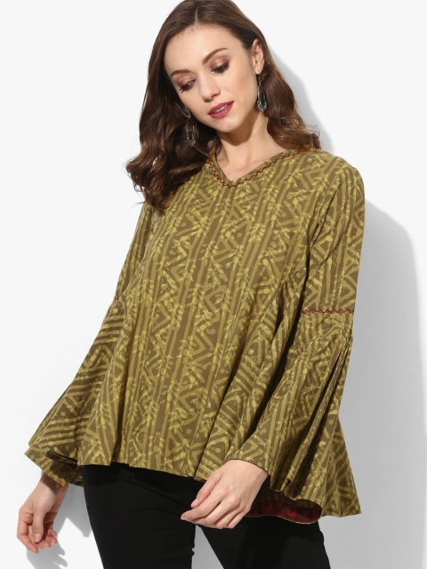 

Sangria Women Olive Green Pure Cotton Printed A-Line Top