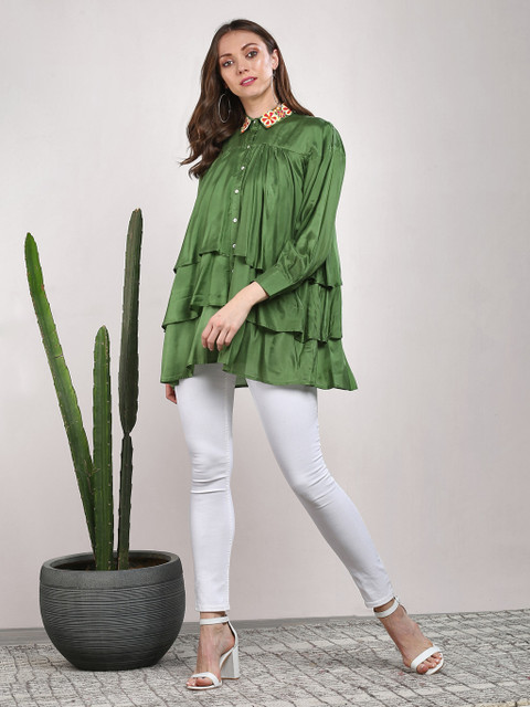 

Sangria Women Green Pure Cotton Solid Layered A-Line Top