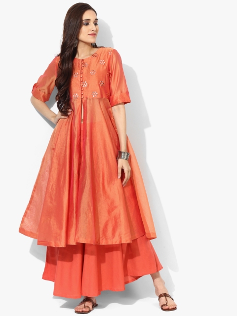 

Sangria Women Coral Orange Yoke Design Kurta with Palazzos