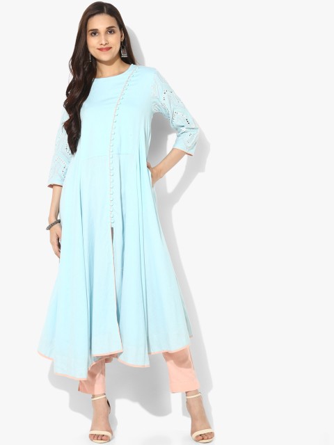 

Sangria Women Blue & Peach-Coloured Solid A-Line Kurta with Trousers