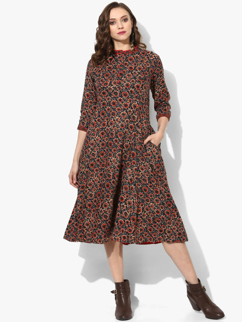 

Sangria Women Navy Blue & Rust Orange Floral Print A-Line Dress