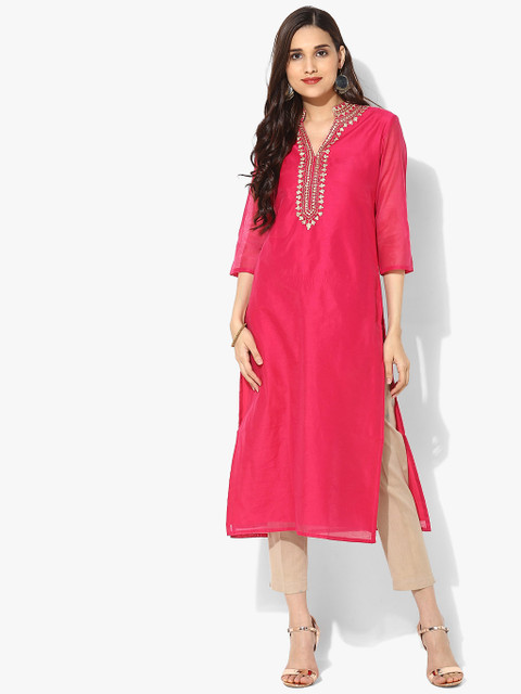 

Sangria Women Fuchsia Pink Yoke Design Straight Kurta