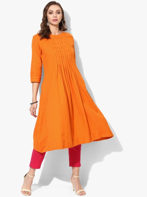 

Sangria Women Orange & Pink Solid Pleated A-Line Kurta with Trousers