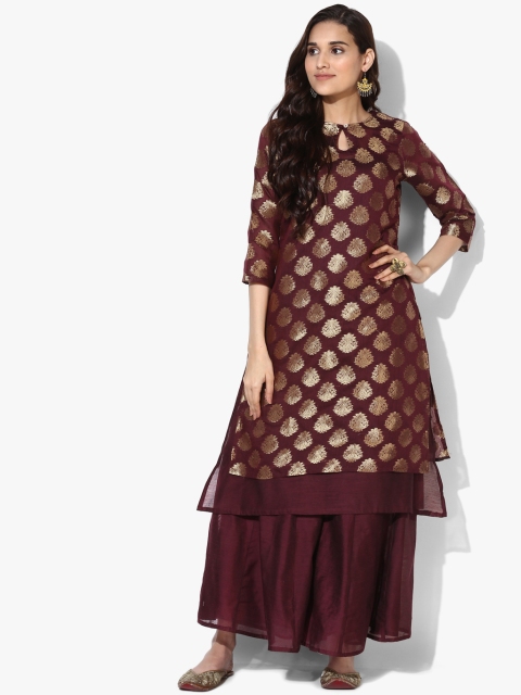 

Sangria Women Burgundy & Gold Printed Layered A-Line Kurta and Palazzos