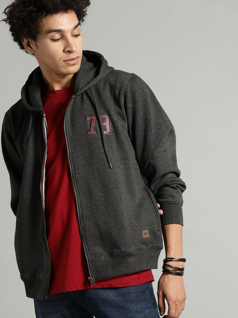 

Roadster Men Charcoal Grey Solid Hooded Sweatshirt