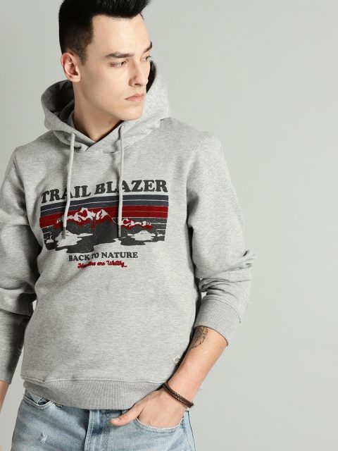 

Roadster Men Grey Melange Printed Hooded Sweatshirt