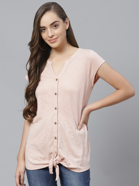 

Marks & Spencer Pink Solid Round Neck Regular Top with Waist-Tie-ups
