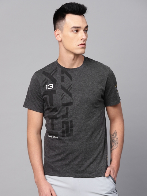 Men Charcoal Grey & Black Printed Training T-shirt