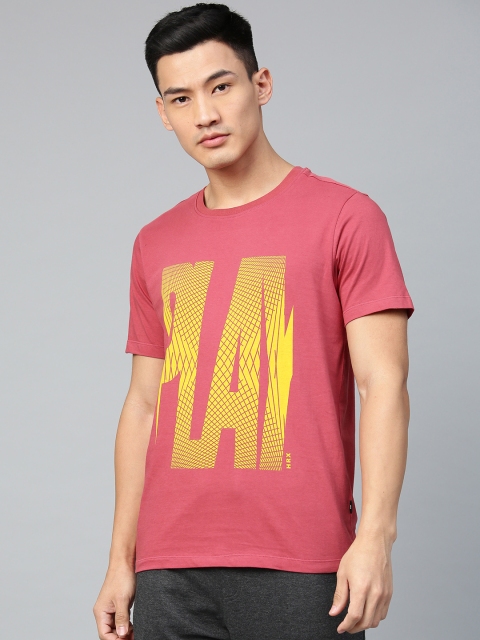

HRX by Hrithik Roshan Men PInk & Mustard Yellow Lifestyle Regular Fit Tshirts
