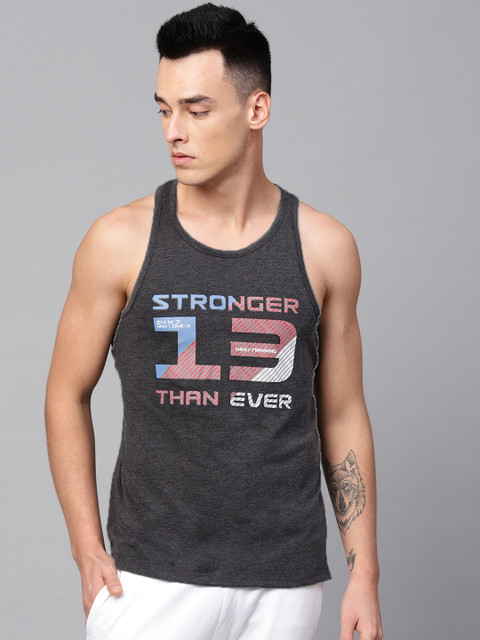 

HRX by Hrithik Roshan Men Charcoal Grey & Red Printed Training T-shirt