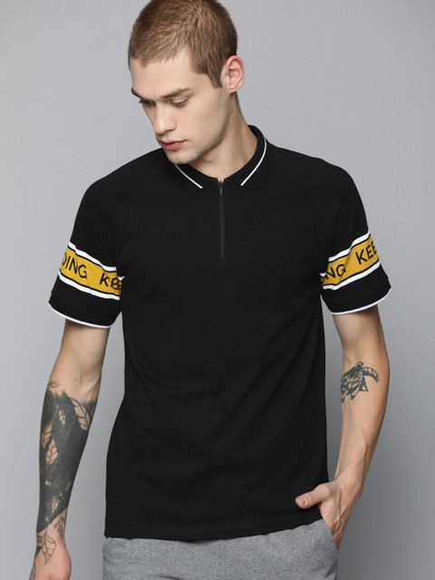 

HRX by Hrithik Roshan Men Black Lifestyle Regular Fit Polo Collar Pure Cotton T-shirt