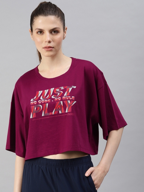 

HRX by Hrithik Roshan Women Burgundy Printed Lifestyle Boxy Fit Cropped T-shirt