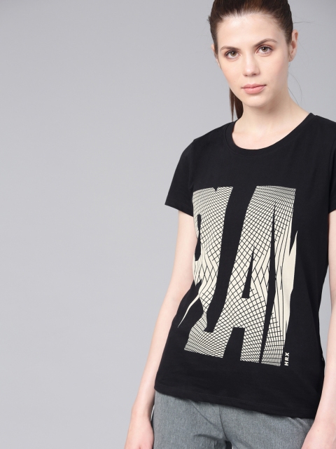 

HRX by Hrithik Roshan Women Black & Off-White Printed Round Neck T-shirt