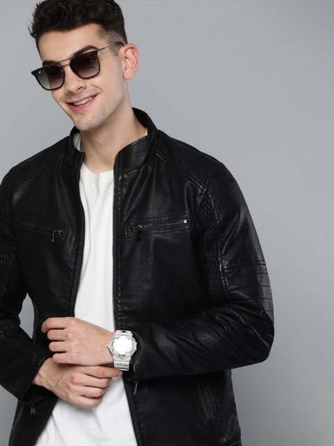 

HERE&NOW Men Black Solid Biker Jacket