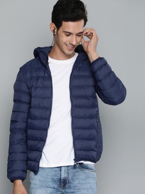 

HERE&NOW Men Solid Puffer Hooded Jacket, Navy blue