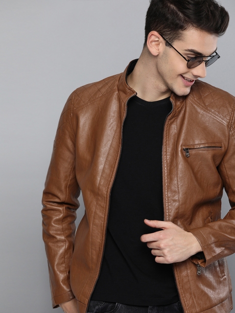 

HERE&NOW Men Brown Solid Biker Jacket