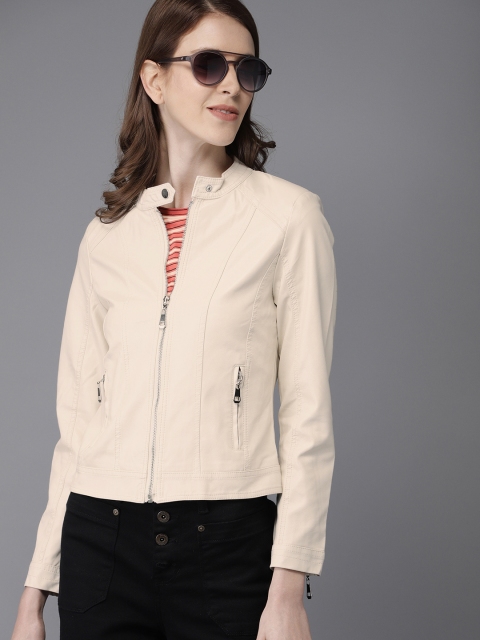 

HERE&NOW Women Off-White Solid Biker Jacket