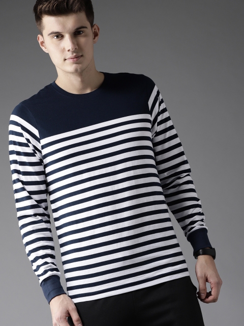 

Moda Rapido Navy White Striped Pure Cotton T-shirt, Navy blue