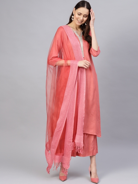

Varanga Women Peach-Coloured Solid Kurta with Palazzos & Dupatta