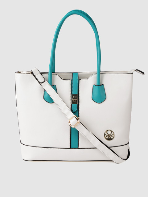 

United Colors of Benetton White & Teal Green Solid Handheld Bag