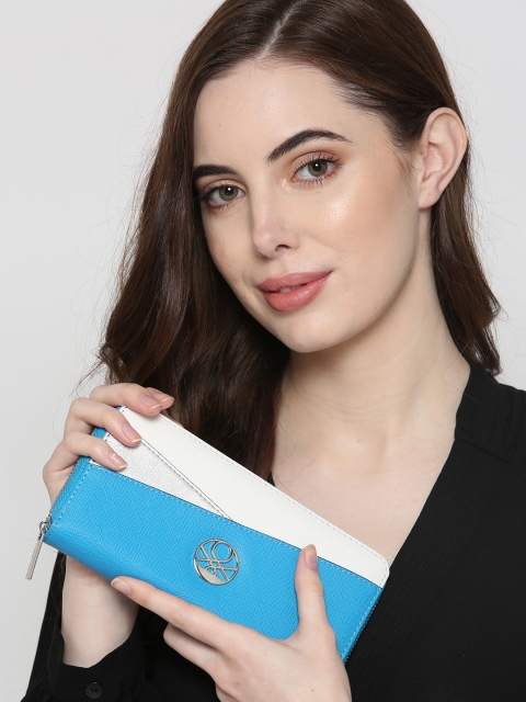 

United Colors of Benetton Women Blue & White Colourblocked Zip Around Wallet