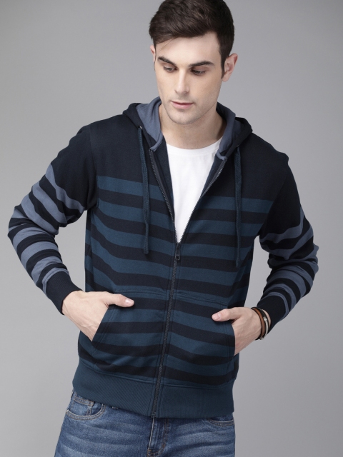 

The Roadster Lifestyle Co Men Navy Blue Striped Hooded Sweatshirt