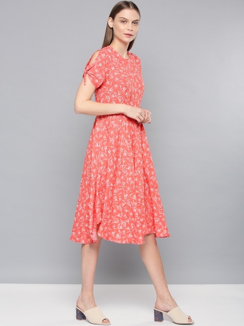 

Chemistry Women Coral Pink & White Floral Printed Fit and Flare Dress