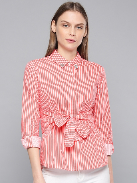 

Chemistry Women White & Red Striped Shirt Style Top with Embellished Detail