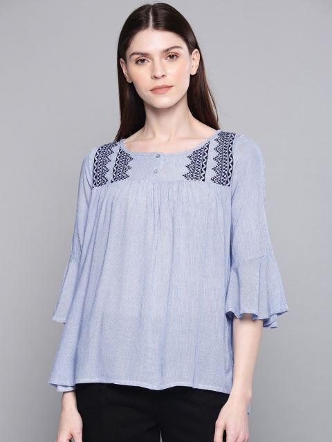 

Chemistry Women Blue & White Striped A-Line Pure Cotton Top