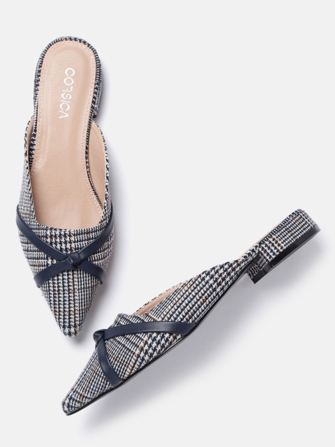 

CORSICA Women Navy & Off-White Houndstooth Pattern Mules, Navy blue