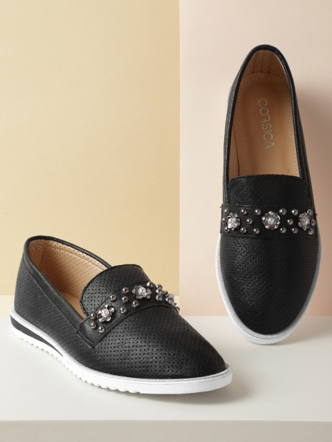 

CORSICA Women Black Perforated Slip-Ons with Shimmer Effect