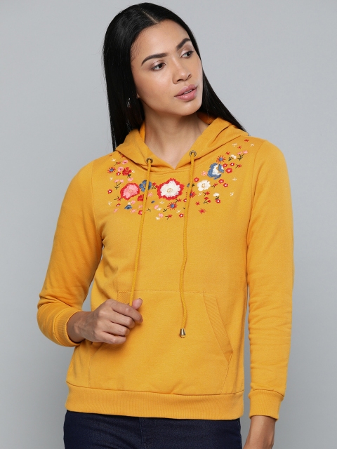 

Chemistry Women Mustard Yellow Embroidered Hooded Sweatshirt